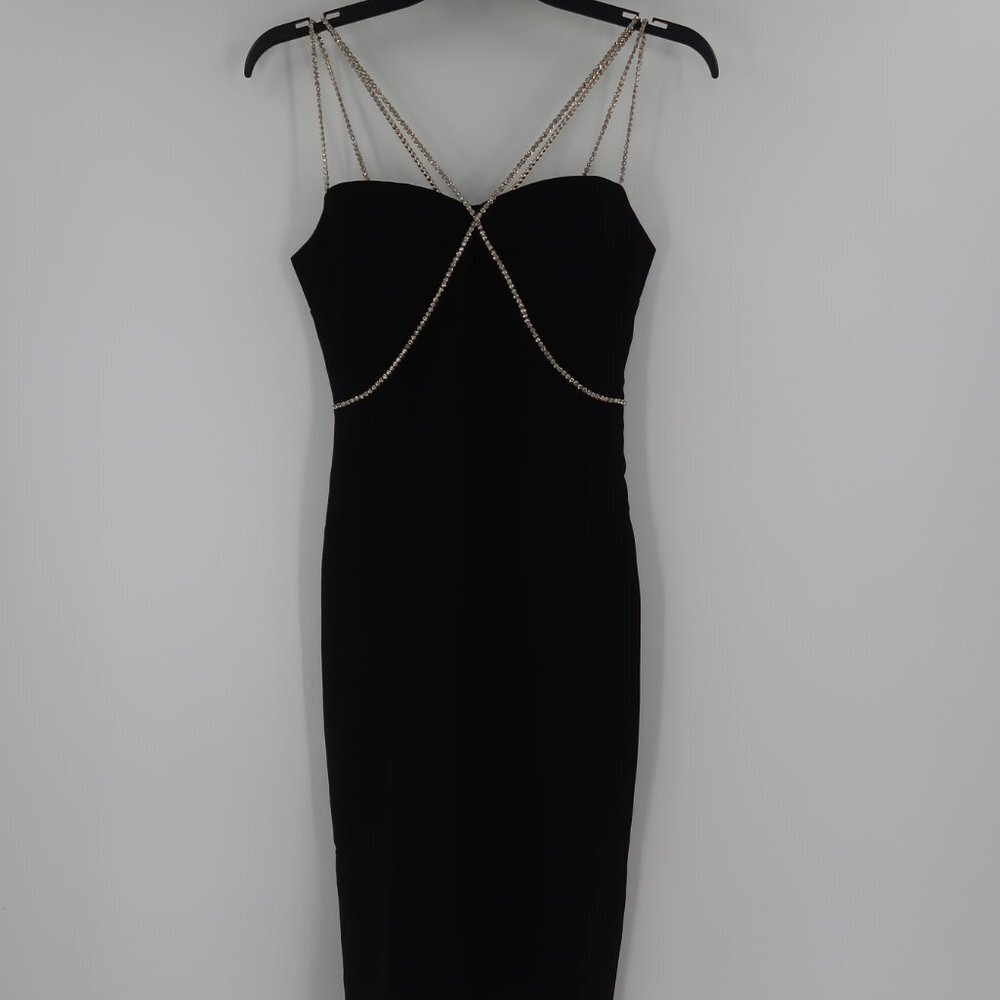Gyokuu Wearing Black Cocktail Dress with Rhinestone Straps Detail S NWT FF